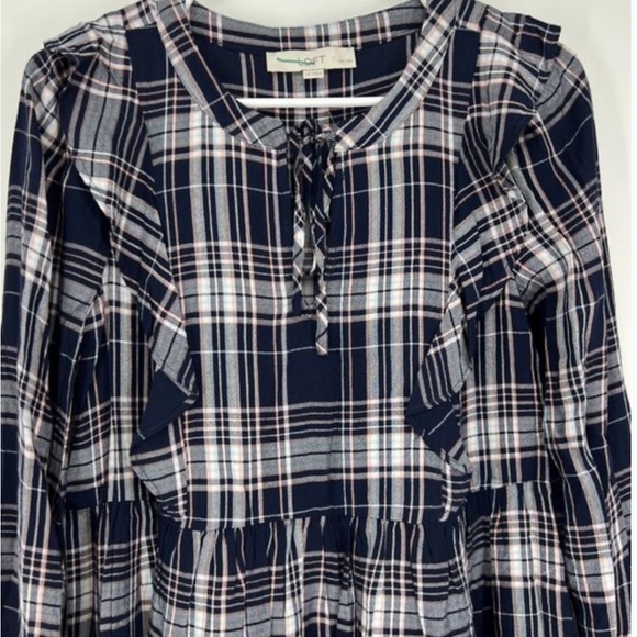 Loft - Plaid Tie Neck Long Sleeve Dress - Size M - Picture 2 of 3